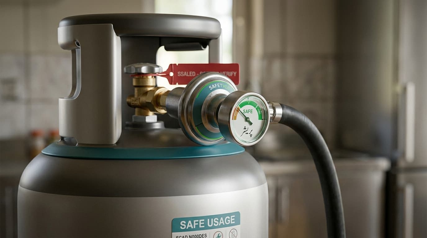 Close-up of a clean LPG cylinder valve, regulator and gauge