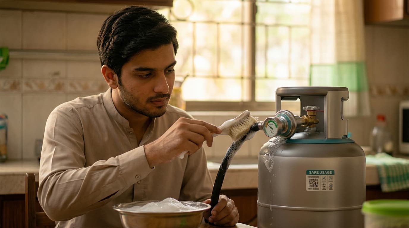 Soapy-water leak test on a gas hose connection — the safe method