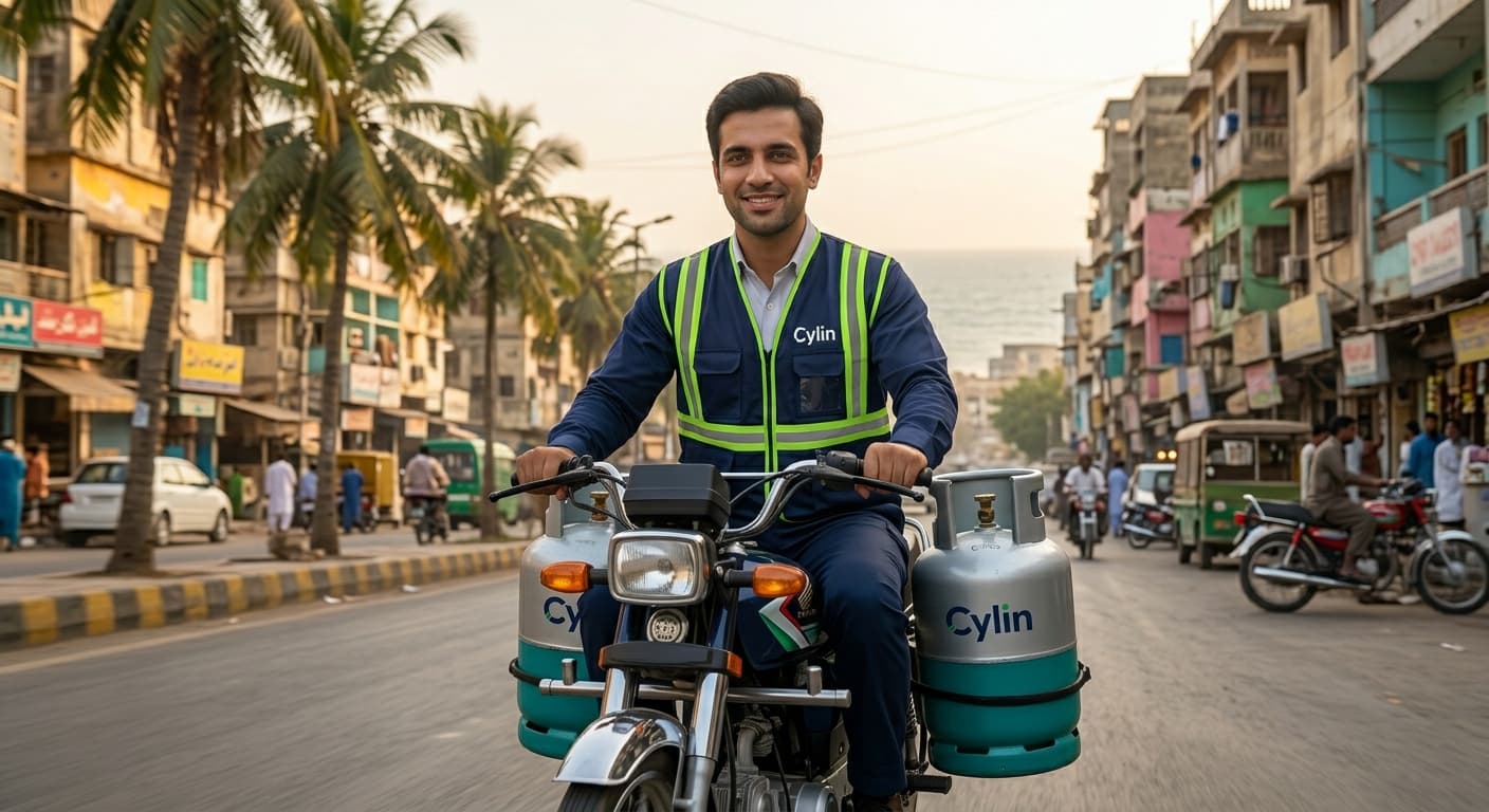 A Cylin fleet on a Karachi street through the metro haze