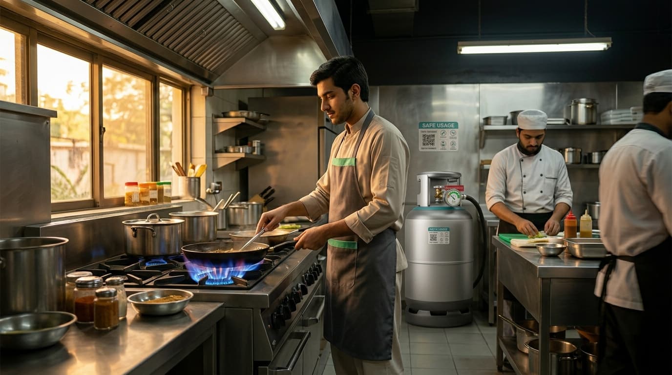 A Pakistani café kitchen working a big flame, a 45kg cylinder