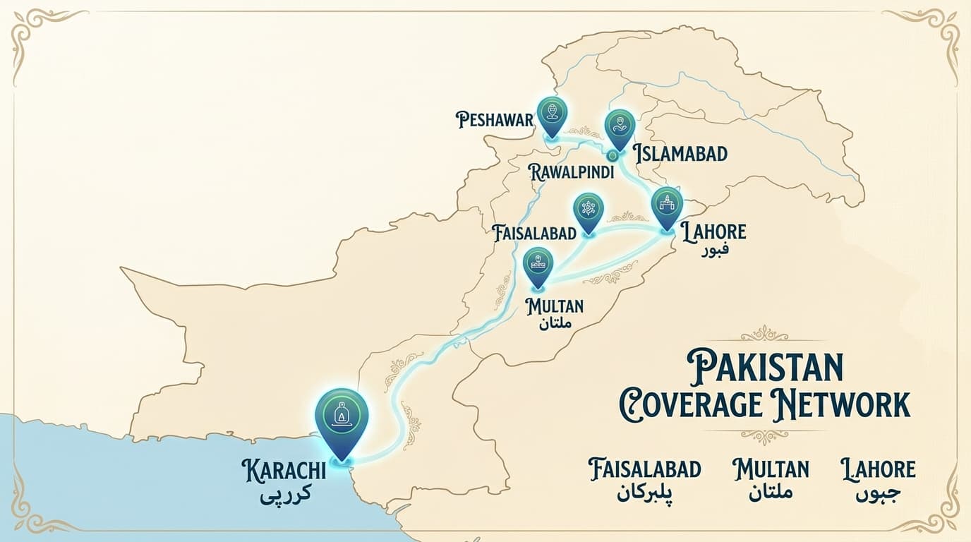 A stylised map of Pakistan with glowing delivery pins on major cities