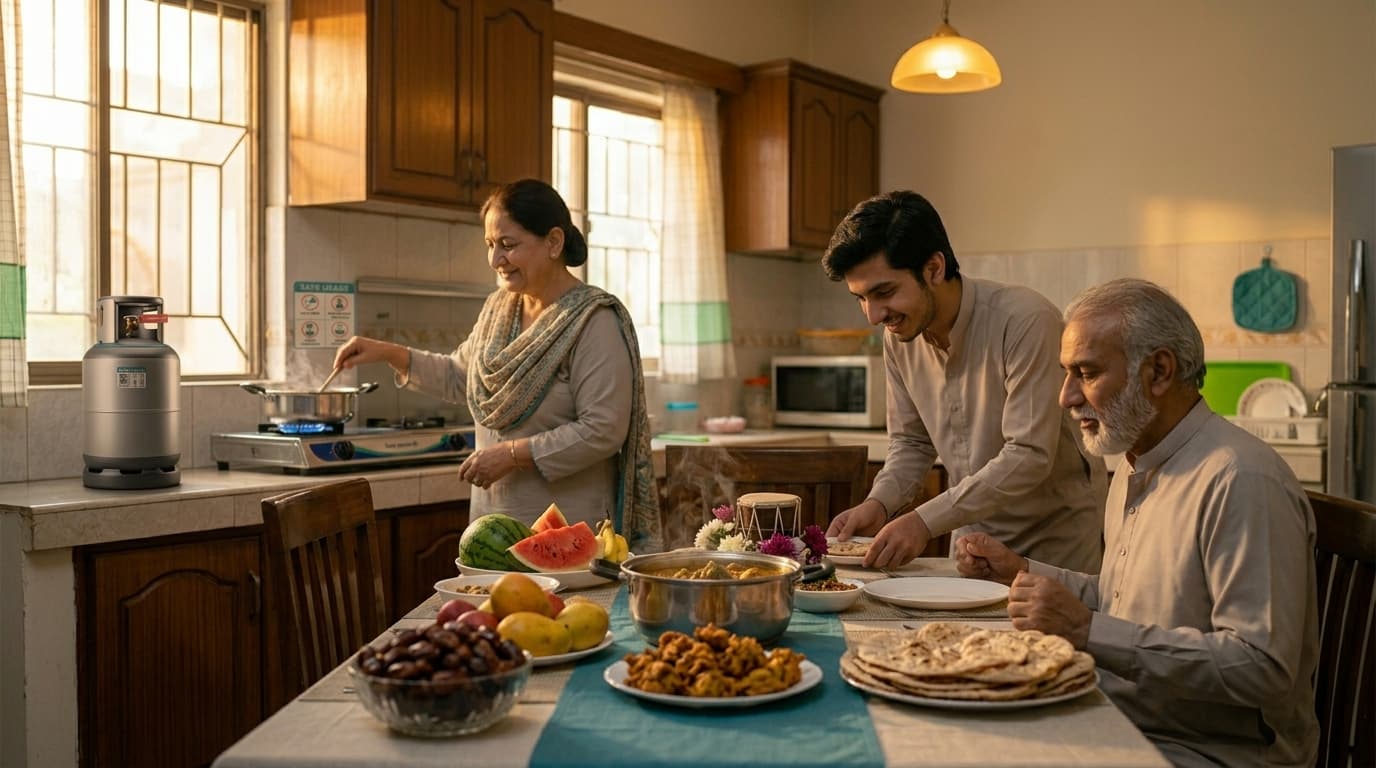 A Pakistani family preparing iftar with a pot cooking on a steady flame, warm evening light