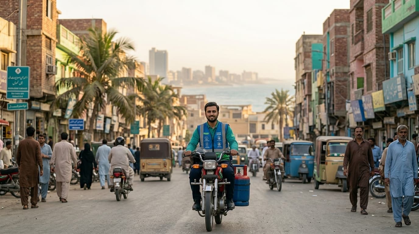 A Cylin rider on a busy Karachi street with a hint of the Clifton skyline