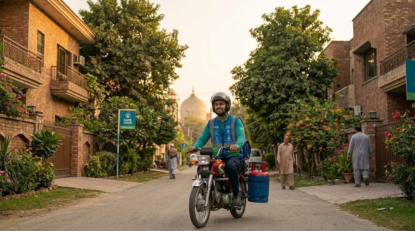 A Cylin rider in a leafy Lahore residential lane with a faint Mughal dome