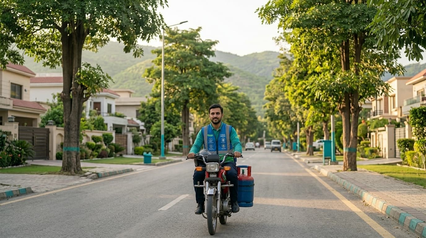 A Cylin rider on a tree-lined Islamabad sector road with the Margalla Hills behind