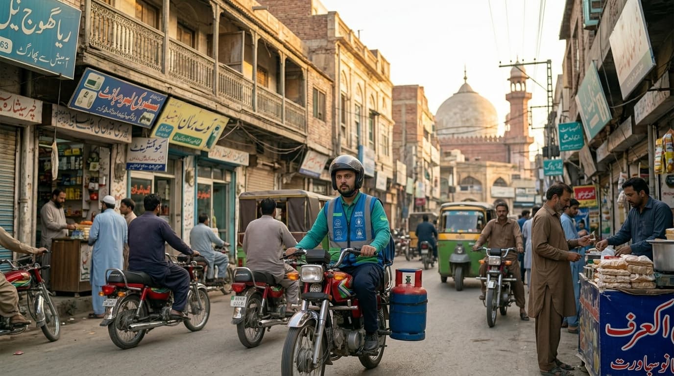 A Cylin rider in an older Rawalpindi neighbourhood near a busy bazaar street
