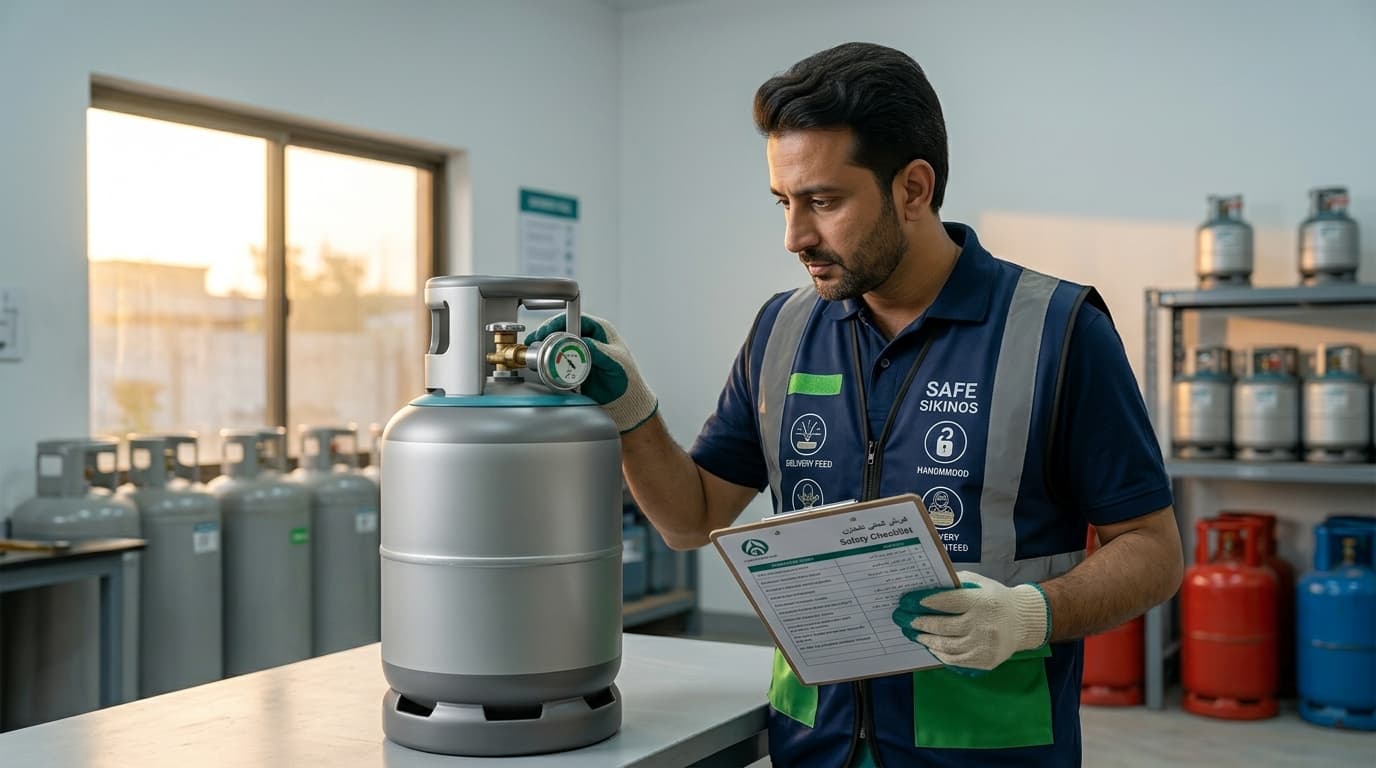 A trained technician inspecting an LPG cylinder valve and seal with a checklist