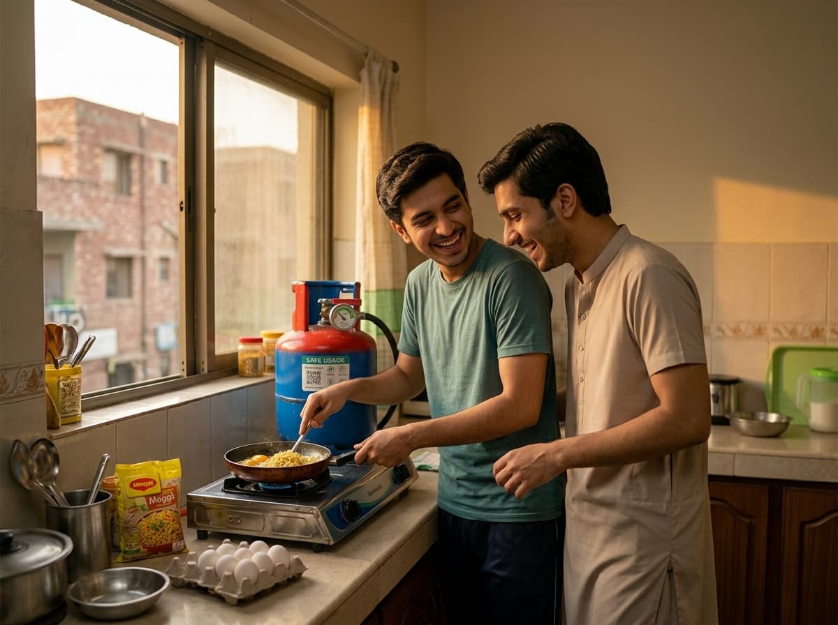 Two students cooking on a compact 5kg cylinder in a shared flat