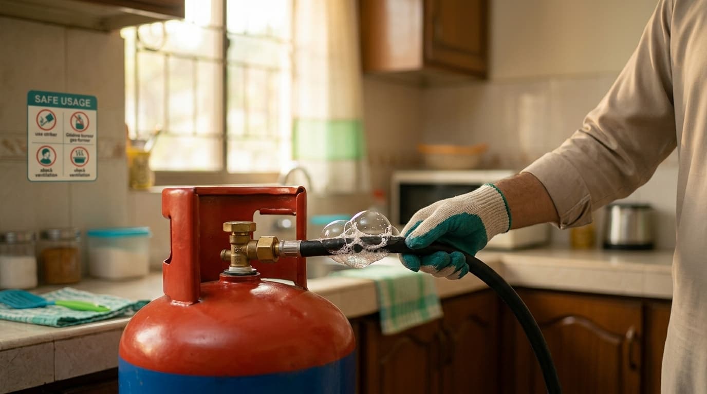 Soapy-water bubbles on a gas hose joint — the safe leak test