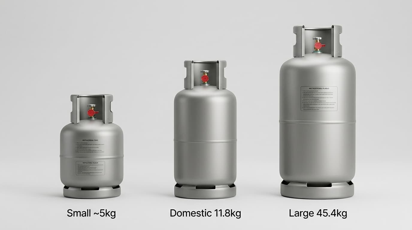 Three LPG cylinders of different sizes lined up for a size guide