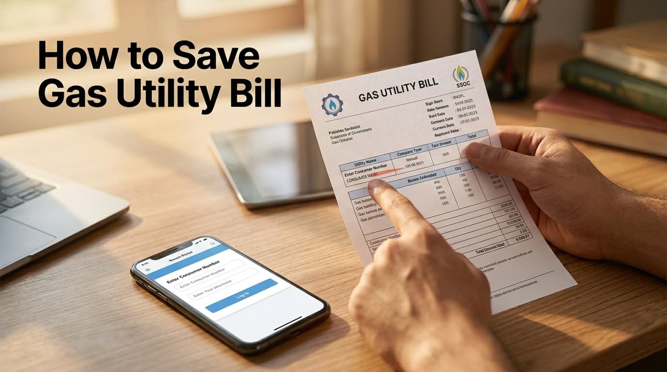 A hand holding a generic Pakistani gas utility bill beside a phone portal