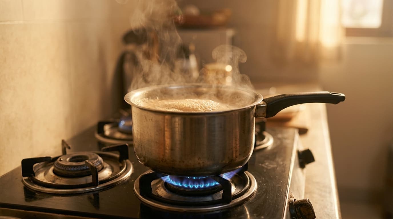 Chai simmering in a pateeli on a blue gas flame, morning kitchen