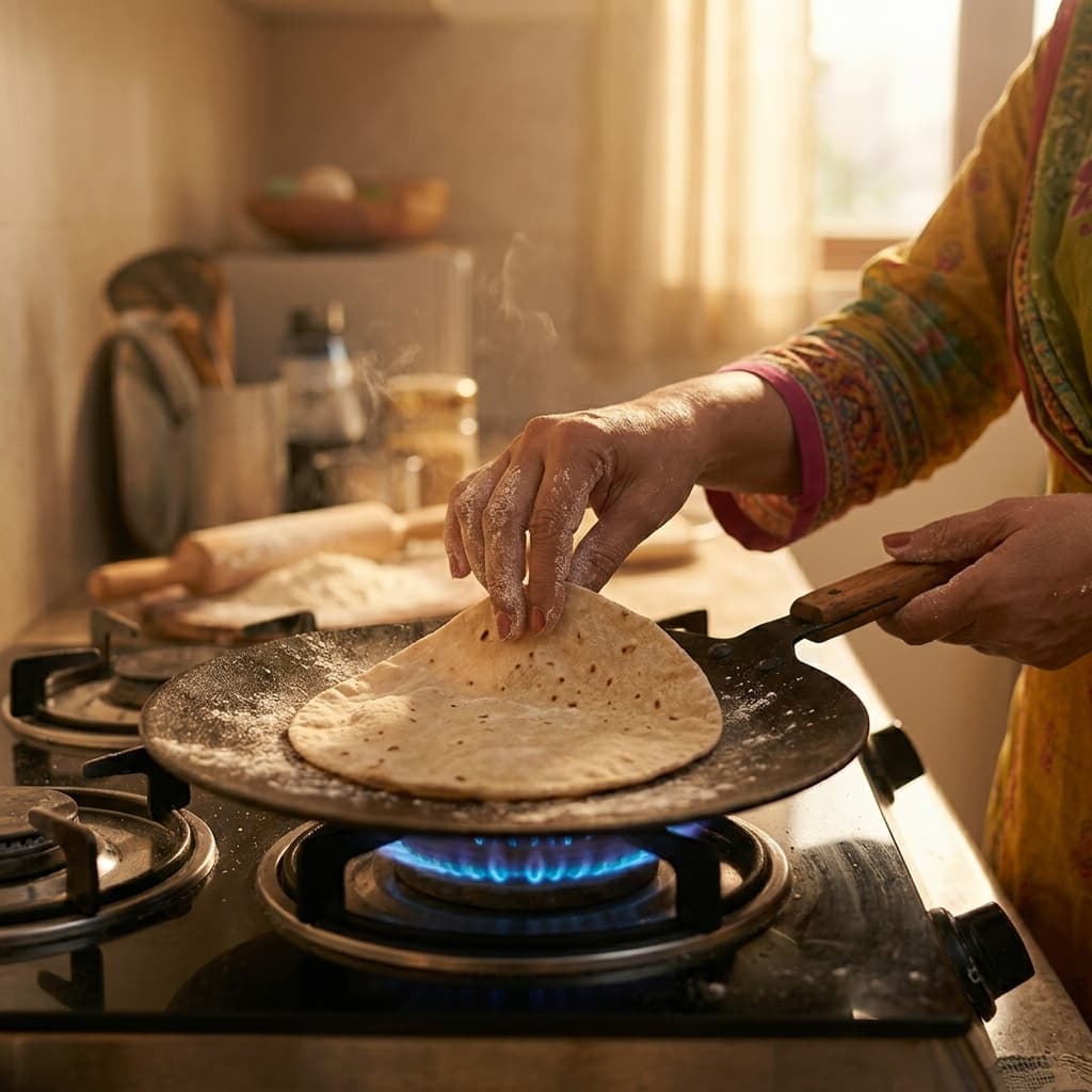 Hands making roti on a tawa over a steady flame