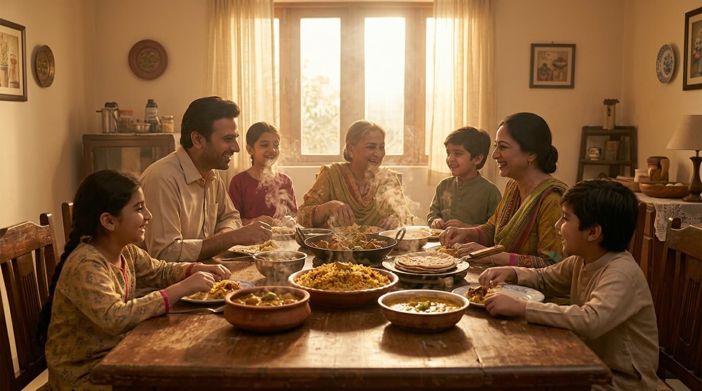 A multi-generation Pakistani family eating dinner together