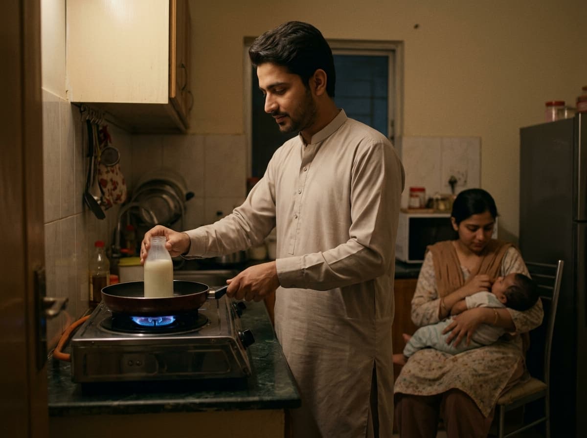 A young parent warming milk on the stove late, baby nearby