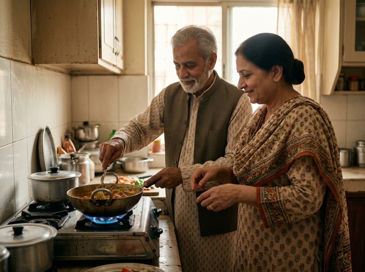 An elderly Pakistani couple cooking together on a lit stove