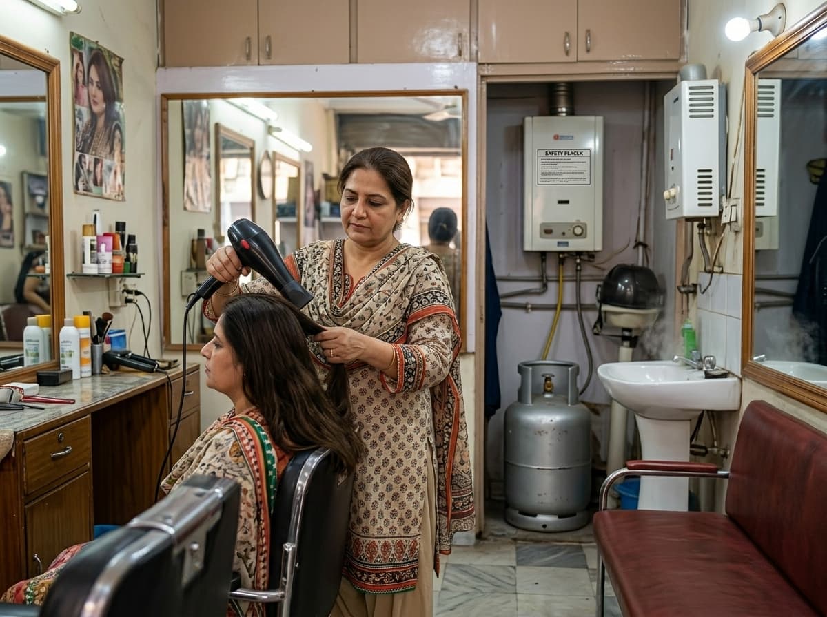 A small Pakistani salon using a gas geyser for hot water