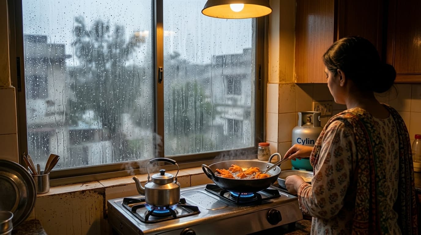 A cozy rainy-day kitchen, pakoras and chai on the flame
