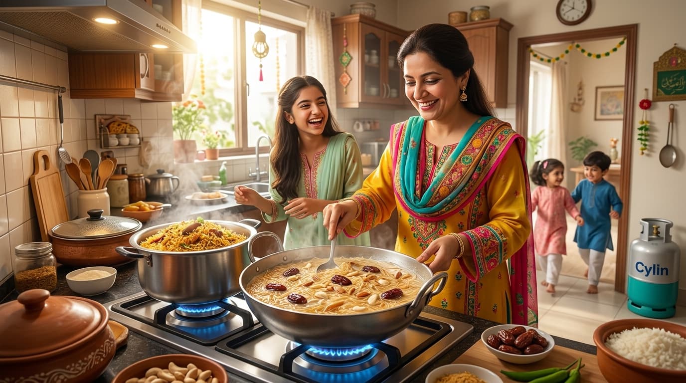 A festive Eid-morning kitchen, sweet dishes on the flame