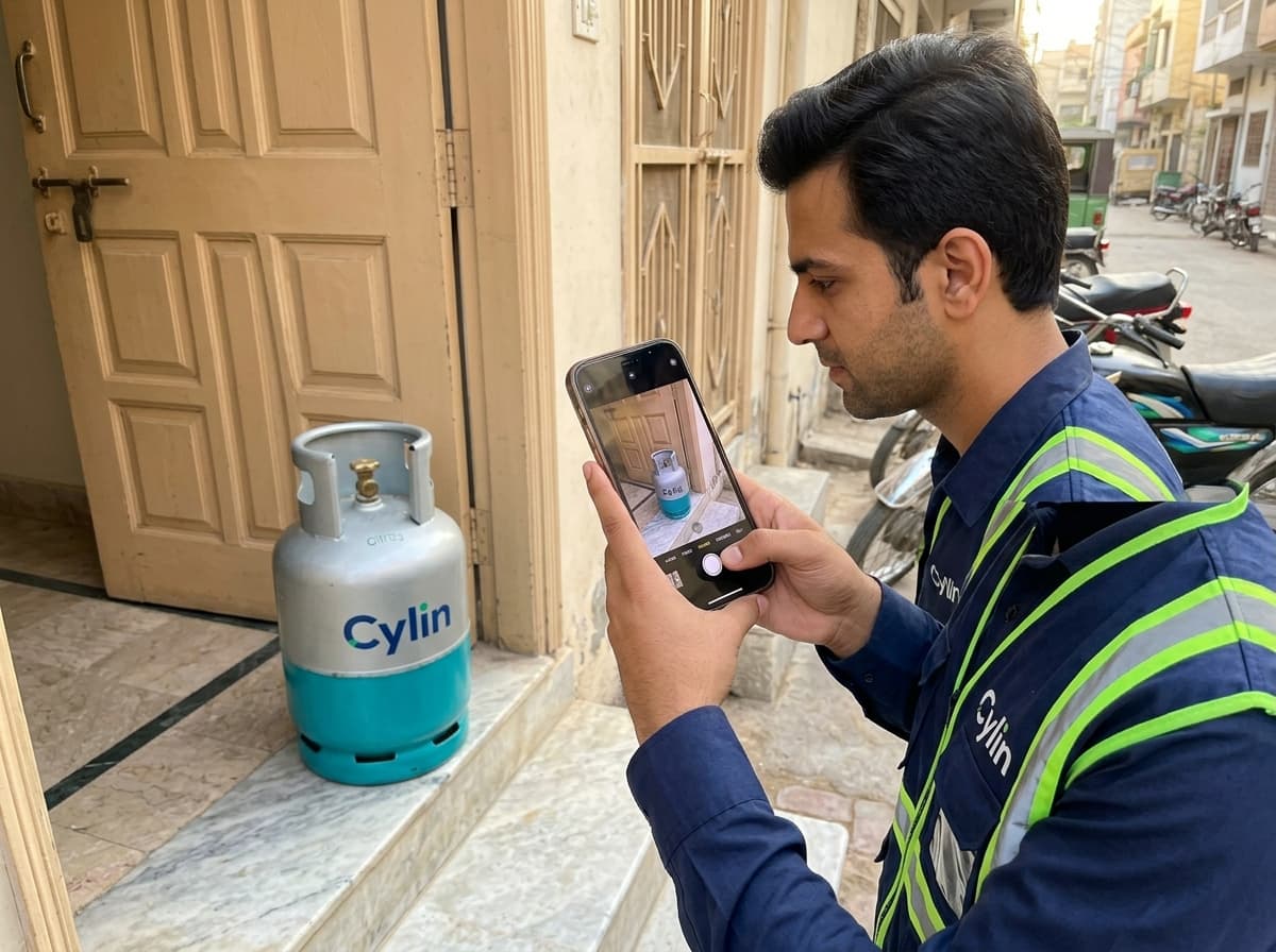 A Cylin rider photographing the delivered cylinder as proof