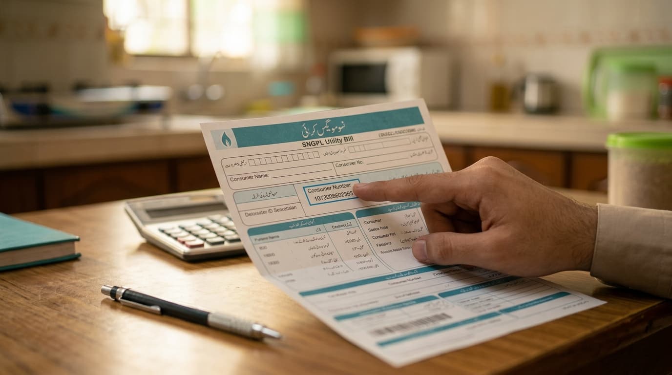 A hand holding a generic Pakistani gas bill, pointing at the consumer number