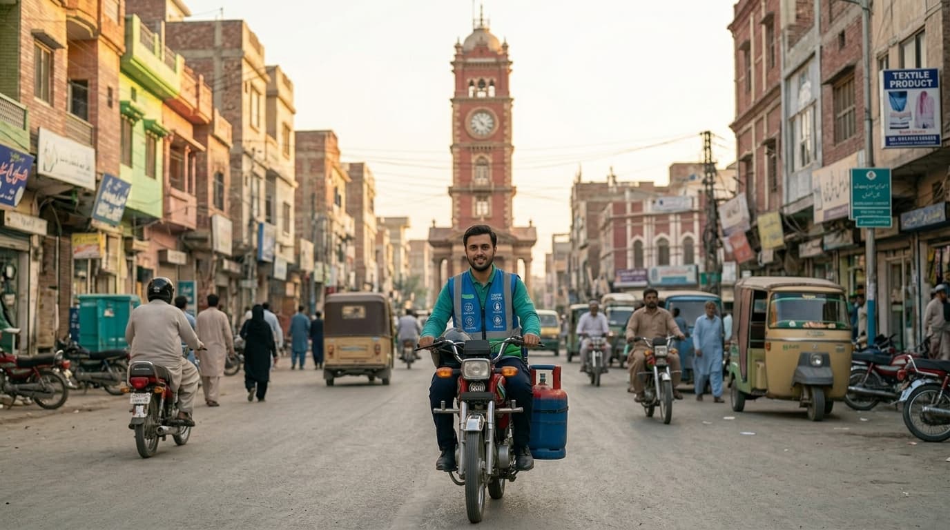 A Cylin rider on a Faisalabad street with the Clock Tower softly in the background