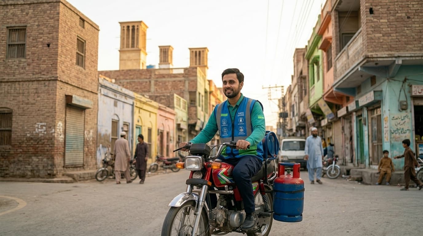 A Cylin rider in a Hyderabad neighbourhood with Sindhi wind-catcher rooftops