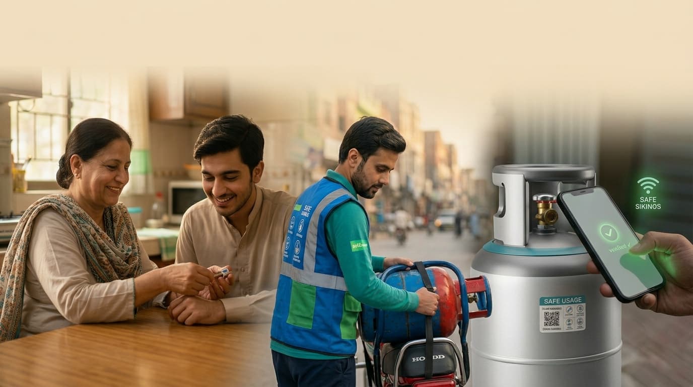 A warm montage of a Pakistani kitchen, a delivery, and a verified-cylinder scan