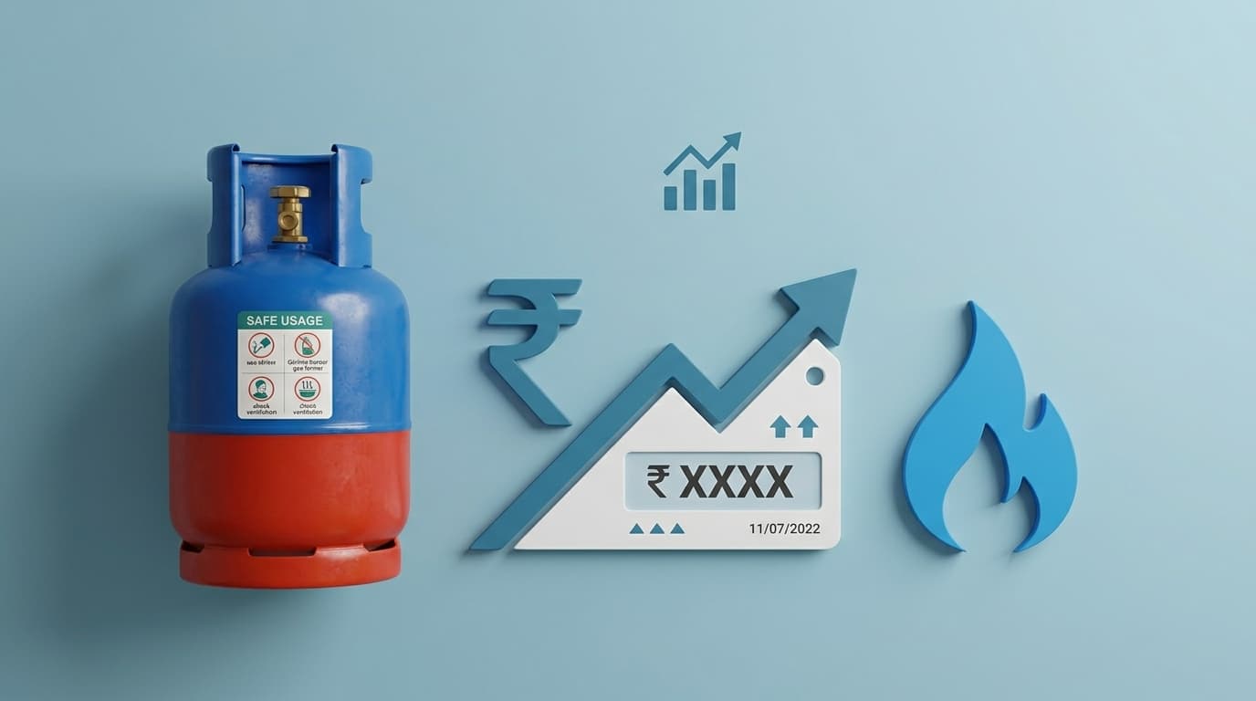 An LPG cylinder beside a price tag and a small blue flame, data-forward concept