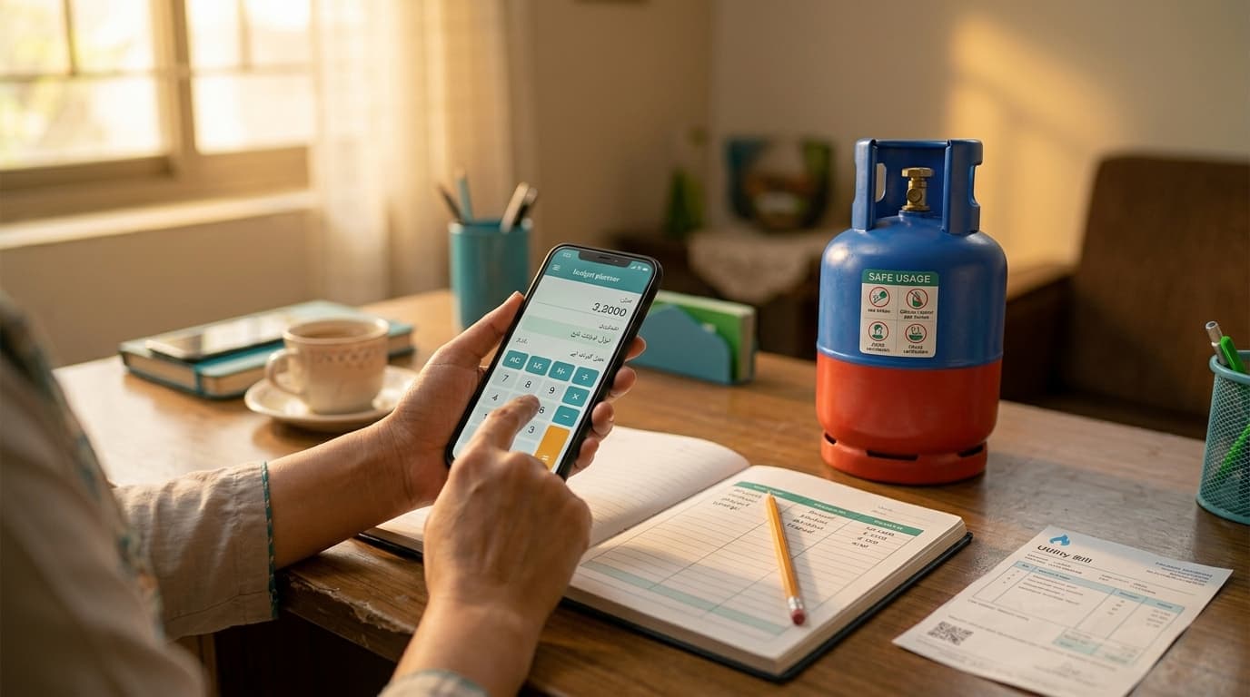 A calculator and phone beside an LPG cylinder, refill planning desk scene