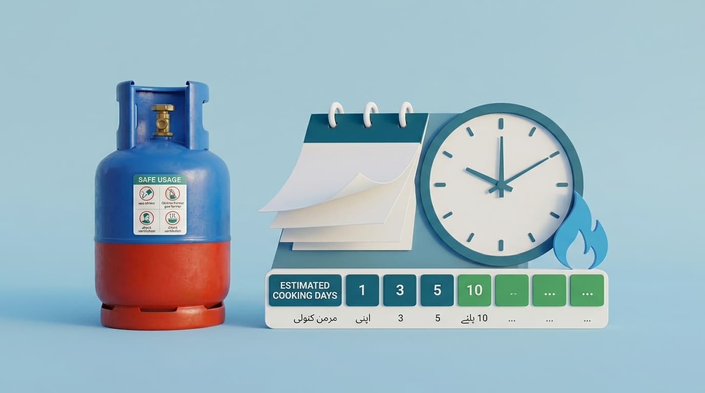 An LPG cylinder next to a calendar and a flame fuel-gauge, runtime concept