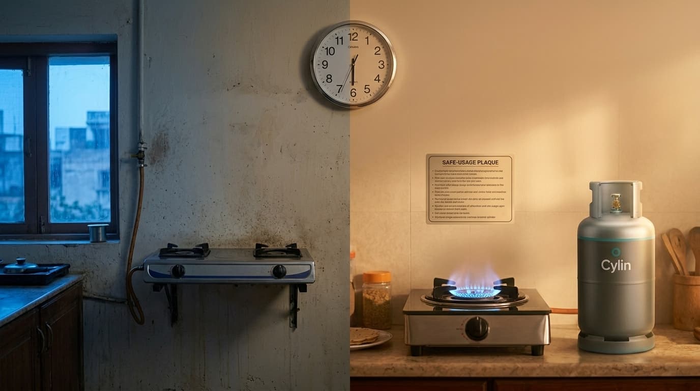 A cold-dawn Pakistani kitchen with an unlit pipeline stove and a ready Cylin cylinder
