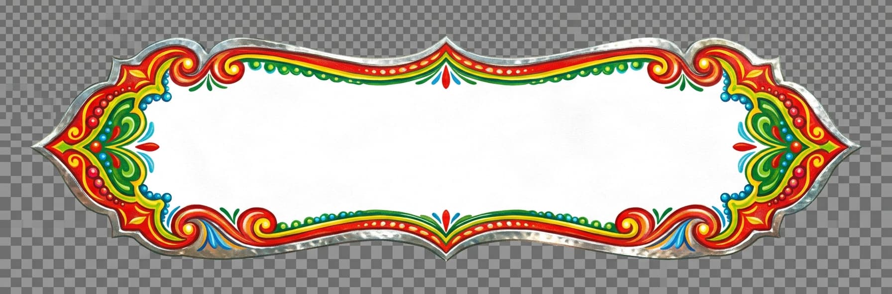 A hand-painted truck-art ribbon/banner plate