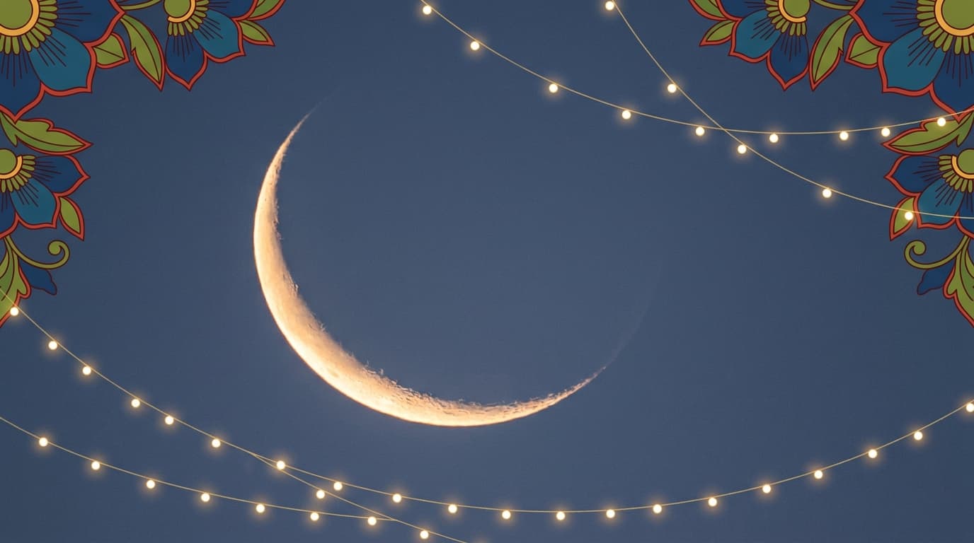 An Eid chand-raat banner with string lights