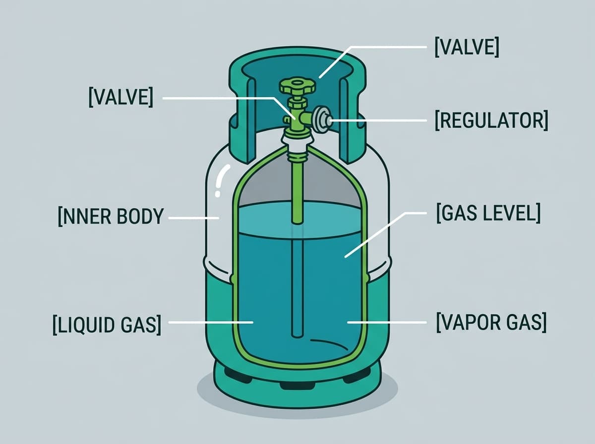 A clean labelled cutaway of an LPG cylinder